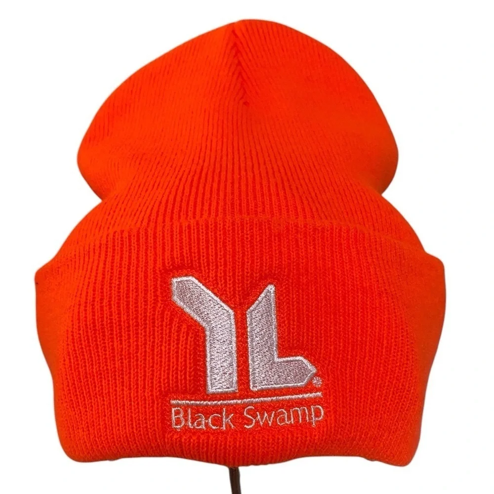 BLACK‎ SWAMP - NEON ORANGE BEANIE HAT CAP - WHITE EMBROIDERY PRINT - B10